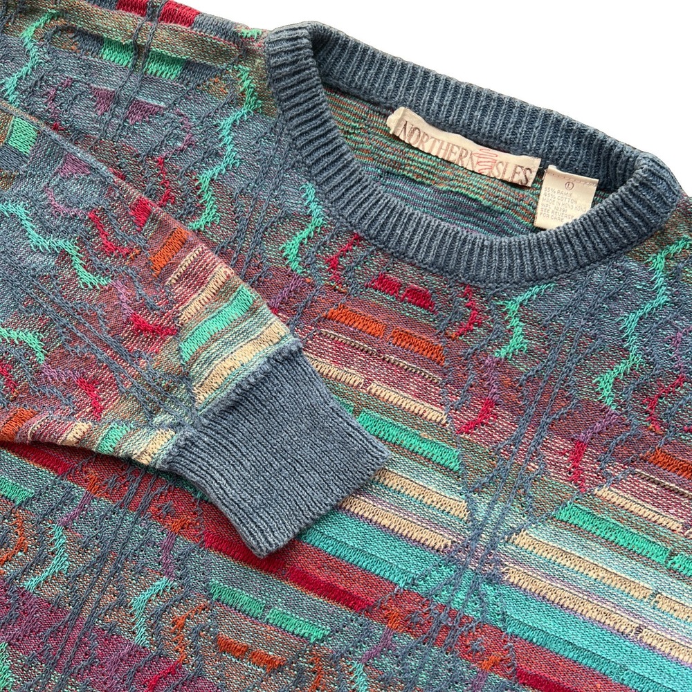 Northern Isles Sweater Men L Geometric Knit Coogi Style Blue Red Multicolor VTG